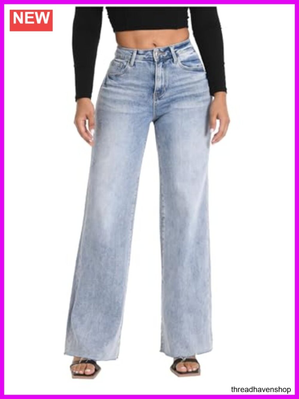 High Waisted Wide Leg Stretchy Jeans Tummy Control Butt Lifting Raw Hem